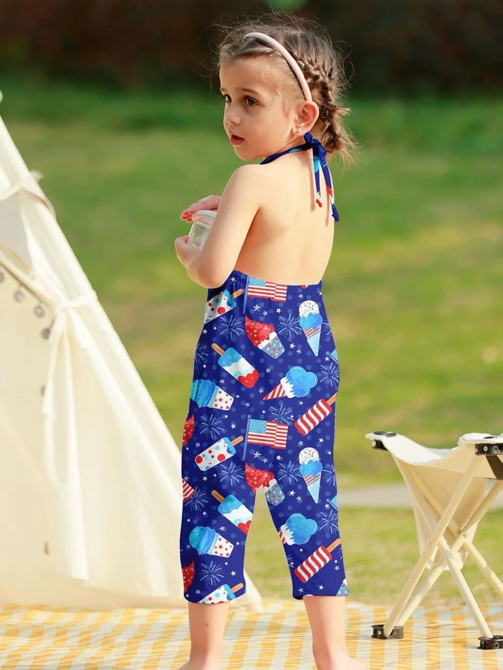 2 - Girls' Navy Patriotic and Dino Print Halter Romper
